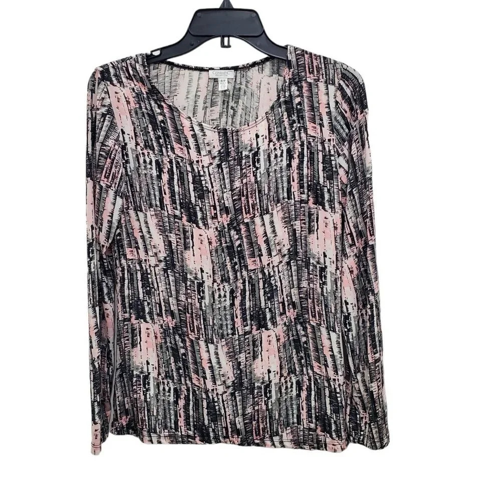Conrad C Collection Pink Gray Abstract Liquid Knit Gemstone LS Blouse Size S‎